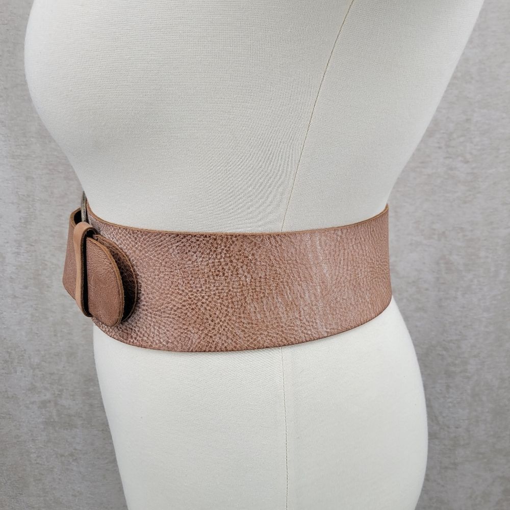 Sam Brown Wide Asymmetrical Tan Leather Belt Oversized Silver Buckle Boho - Picture 4 of 14